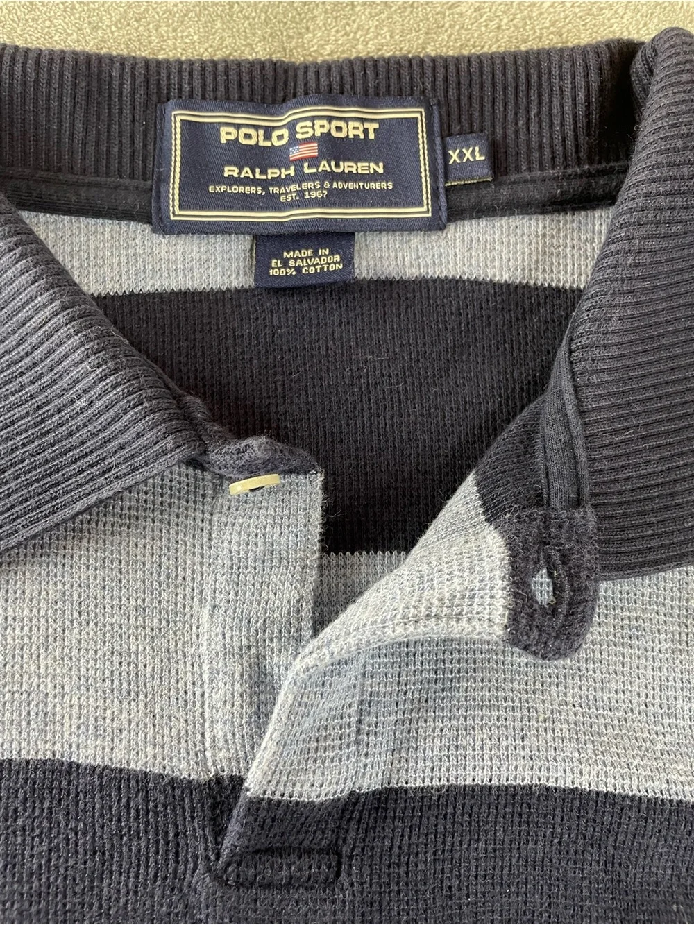 Polo Sport Ralph Lauren Blue Striped 1 Button Polo Shirt Size XXL Vtg Cotton